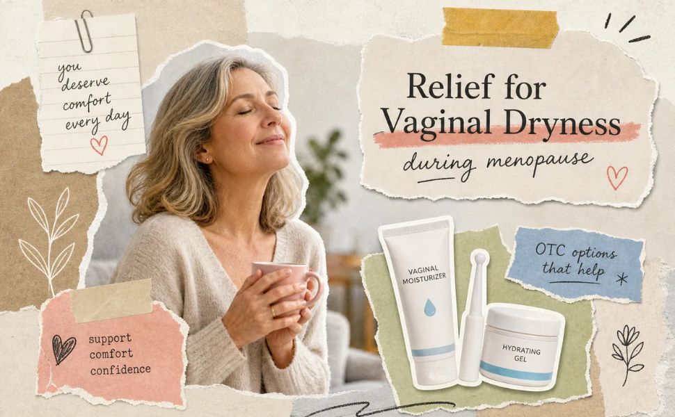 Woman comparing OTC vaginal dryness treatments during menopause