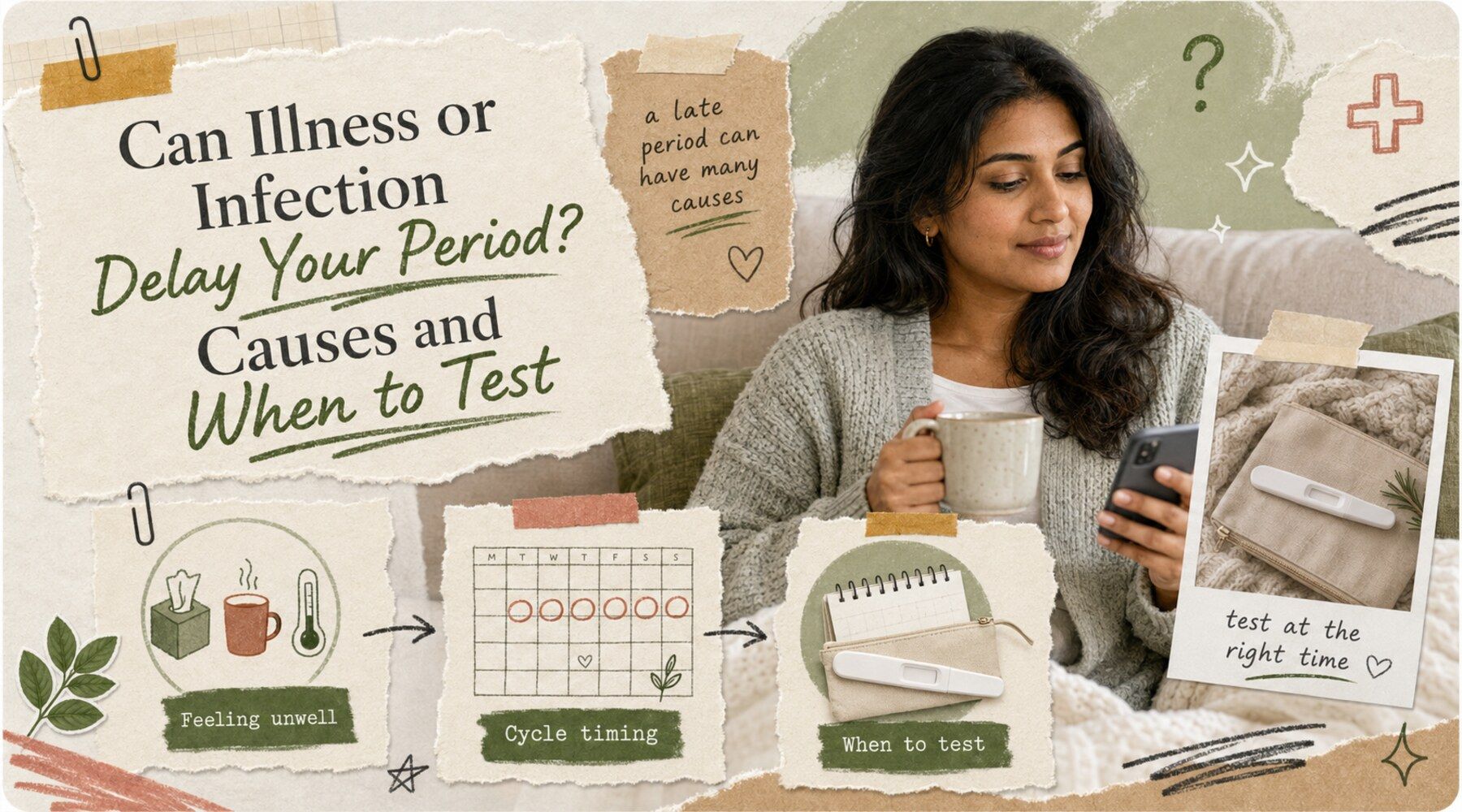 South Asian woman checking whether illness or infection can delay a period and when to test