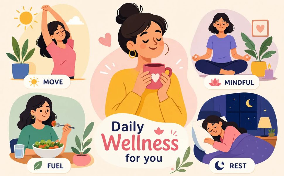 Busy woman planning a simple daily wellness routine at home