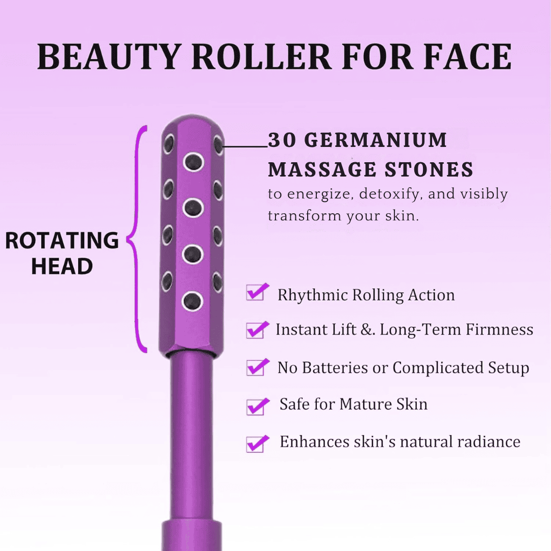 Visual guide of Germanium Face Roller benefits – boosts circulation and reduces puffiness & Anti - Aging Roller purple
