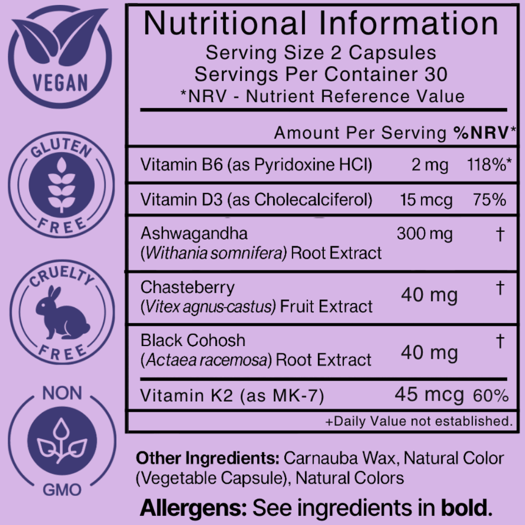Ellasie Women's 40+ Wellness Capsules. Plant-based supplement for supporting natural balance. Ingredients Facts Table