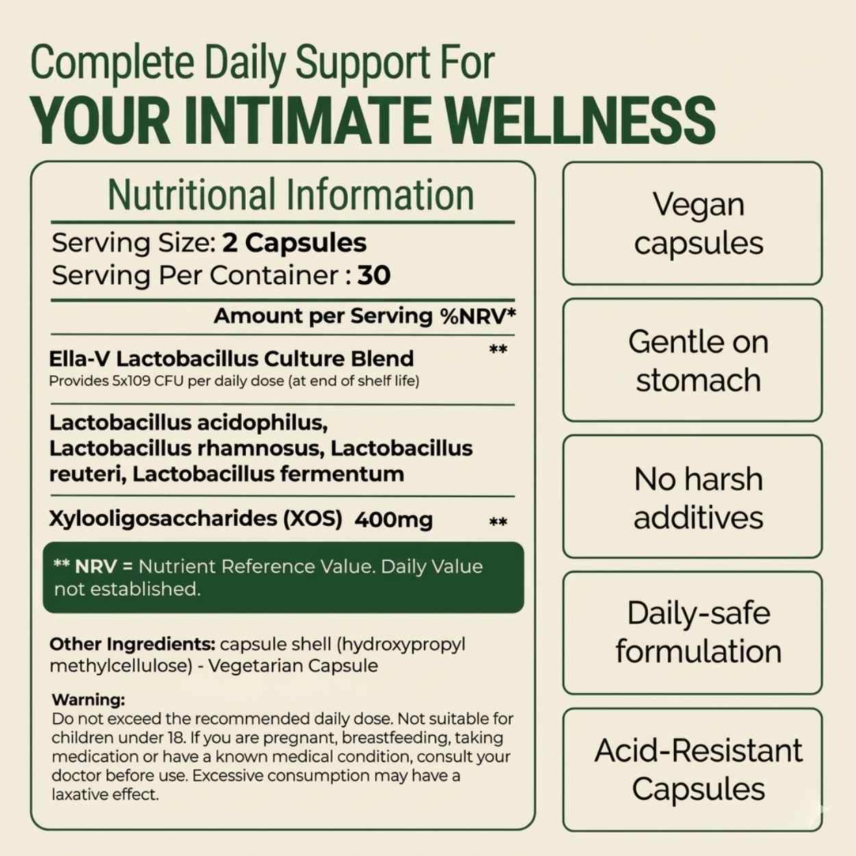 Nutritional information label for a product related to intimate wellness on a beige background.