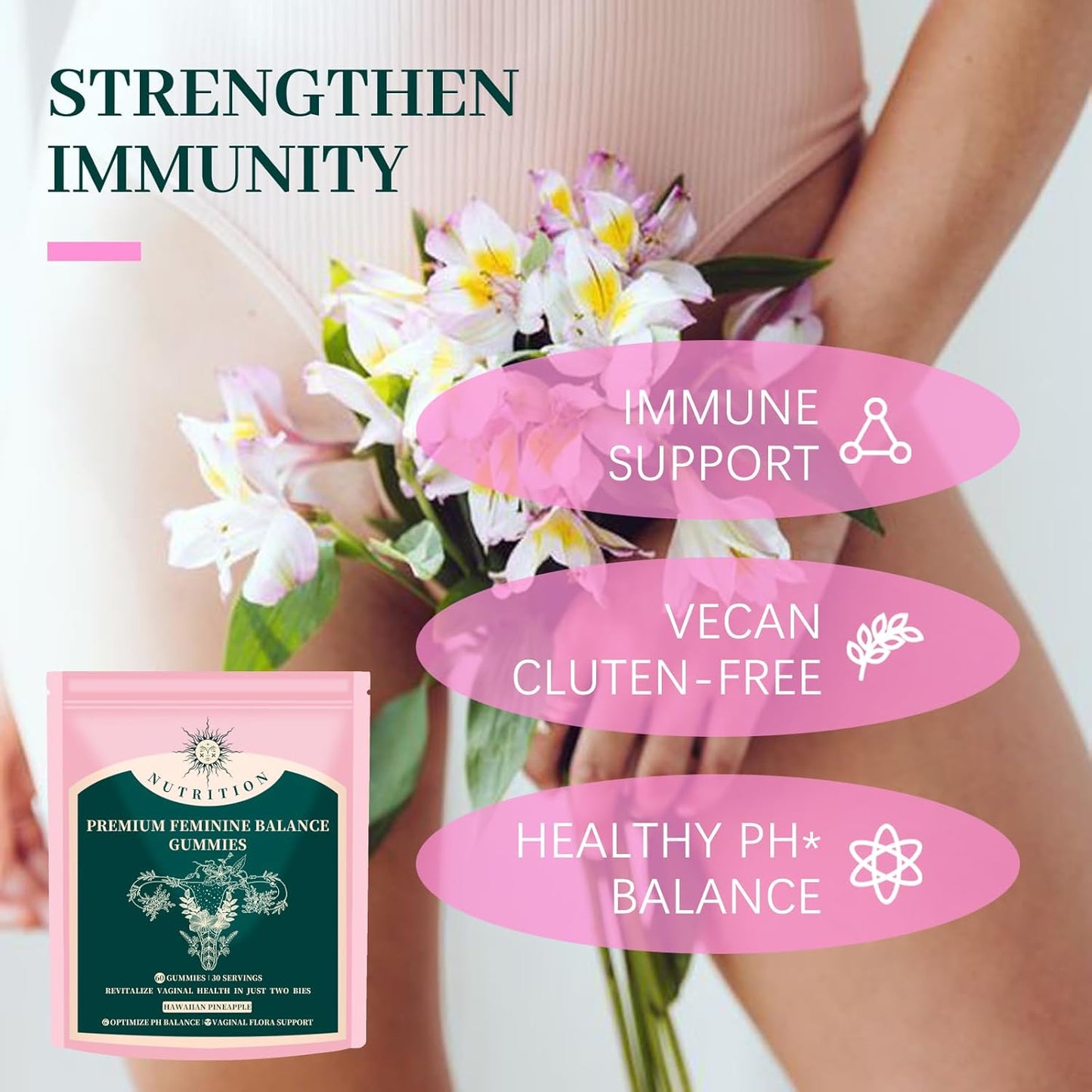 pH Balance Gummies for Women – Pineapple Flavor, Immune & Gut Support | Vegan, 60 Gummies
