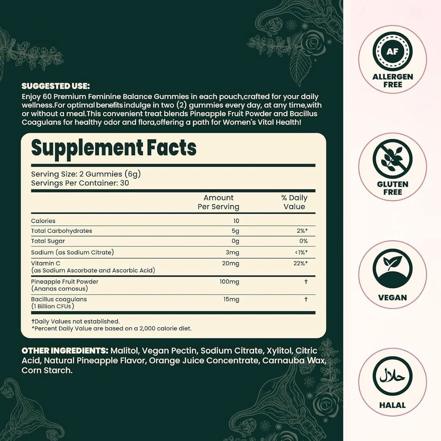 Ellasie Feminine Gummies Supplement Label – Ingredients and Nutritional Panel