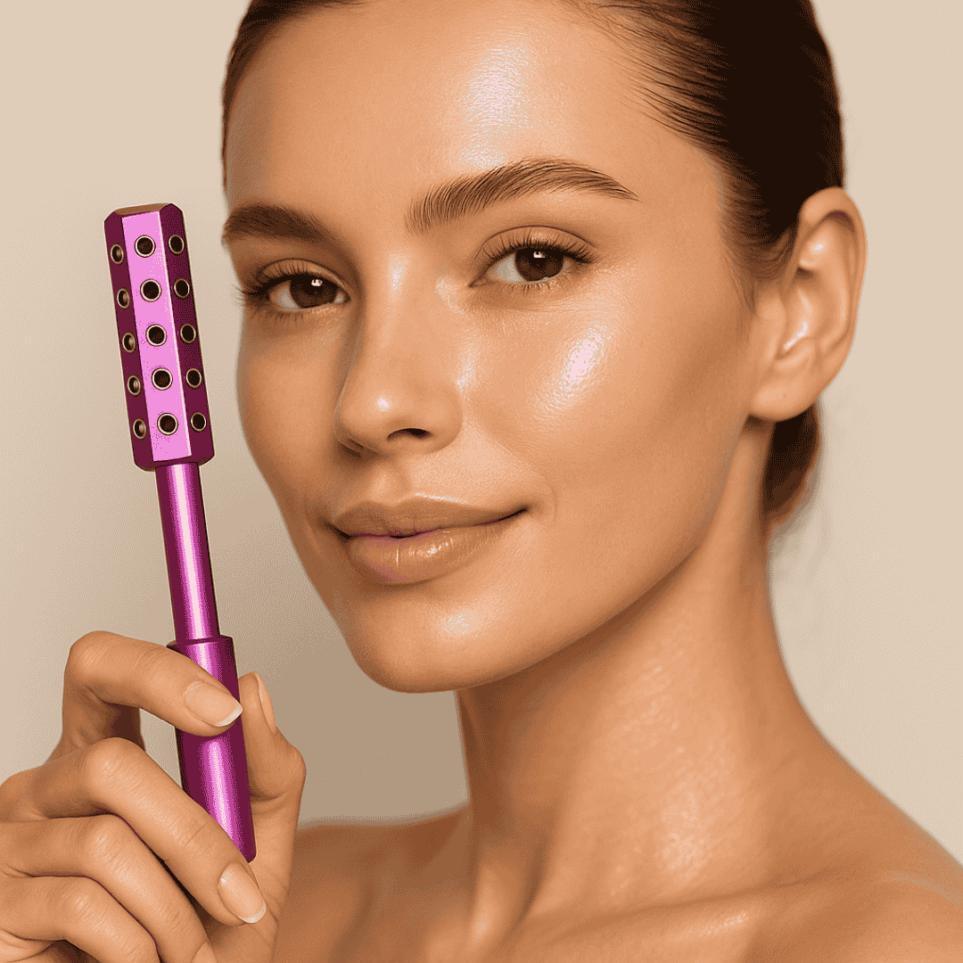 Woman using Germanium Face Roller for face lift, anti-aging, and wrinkle reduction