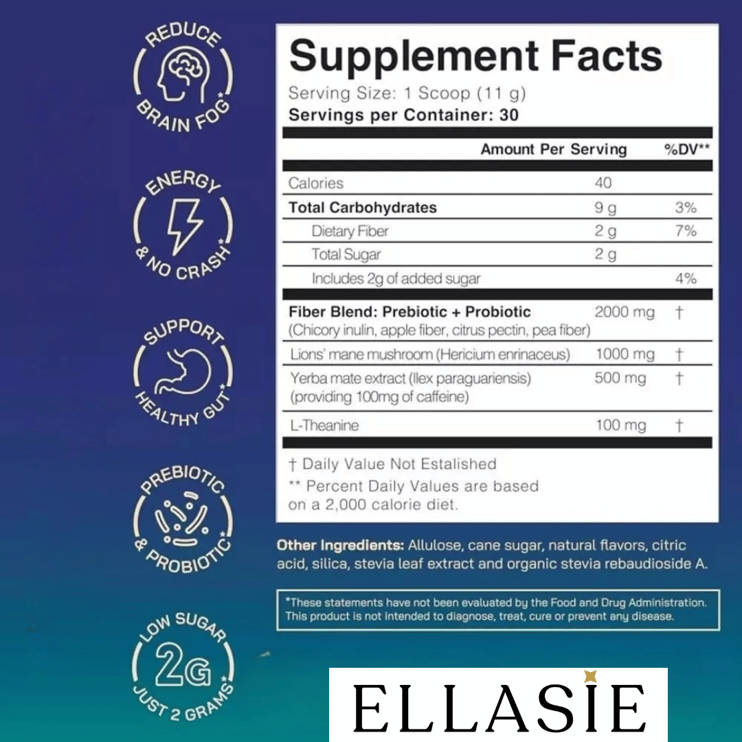 Peach Mango Yerba Mate Energy Drink Powder | Probiotic & Prebiotic Gut Support + Lion’s Mane for Focus – Clean Energy Boost – Ellasie