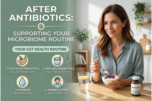 An infographic and photograph illustrating a gut health routine after antibiotics, featuring tips and a woman eating yogurt and taking supplements.