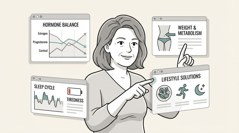 An empathetic and relatable image of a woman in her 40s or 50s looking thoughtful but hopeful, perhaps sitting with a cup of tea in a calm setting.