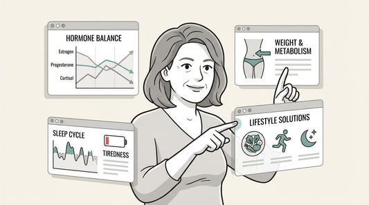 An empathetic and relatable image of a woman in her 40s or 50s looking thoughtful but hopeful, perhaps sitting with a cup of tea in a calm setting.