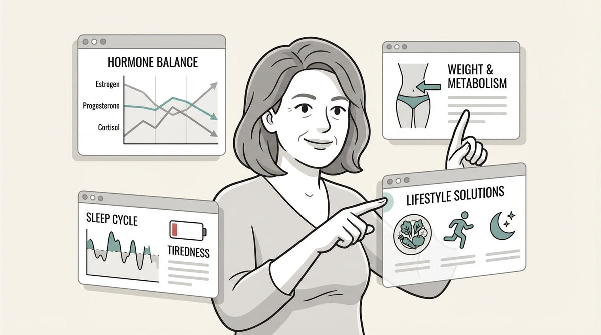 An empathetic and relatable image of a woman in her 40s or 50s looking thoughtful but hopeful, perhaps sitting with a cup of tea in a calm setting.