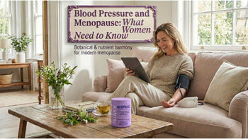 A lifestyle image featuring a woman in her 40s relaxing on a sofa and checking her blood pressure while reading a tablet. In the foreground, a purple jar of Ellasie Menopause