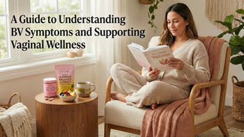 Woman reading comfortably next to Ellasie Intimate Balance and Feminine Balance Gummies, representing a guide to understanding BV symptoms and supporting vaginal wellness.