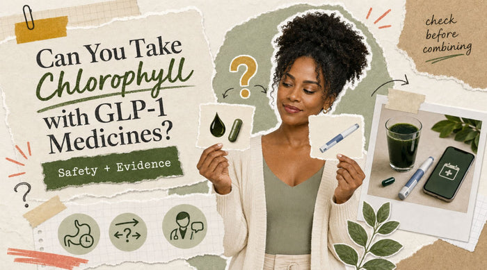 Black woman comparing chlorophyll supplements and GLP-1 medicines for possible interactions