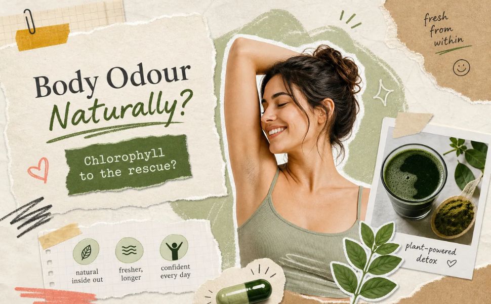 Woman examining a chlorophyll supplement label and research notes