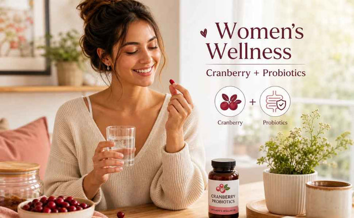 Woman comparing cranberry and probiotic supplement labels