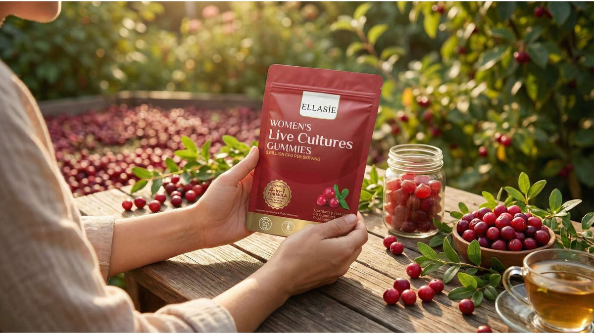 A professional blog header image for Ellasìe Women's Live Cultures Gummies. It shows a maroon product pouch alongside fresh cranberries. The text reads 
