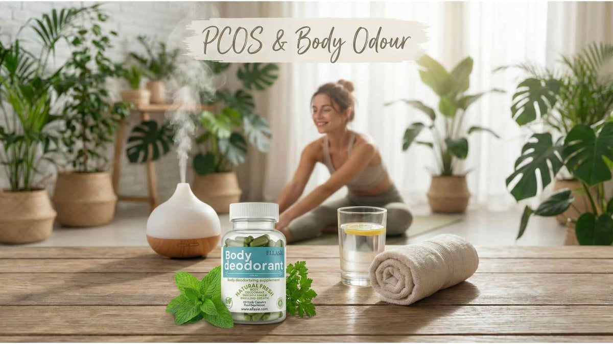 Wellness lifestyle banner featuring Ellasie Body Deodorant supplement bottle, fresh mint, and a diffuser, illustrating natural management for PCOS and body odour.