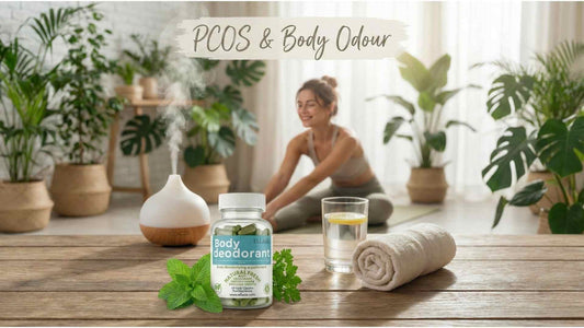 Wellness lifestyle banner featuring Ellasie Body Deodorant supplement bottle, fresh mint, and a diffuser, illustrating natural management for PCOS and body odour.