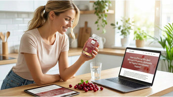 A smiling woman in a bright kitchen holding a bottle of Ellasie Women's Live Cultures Gummies, sitting next to a laptop displaying a blog article