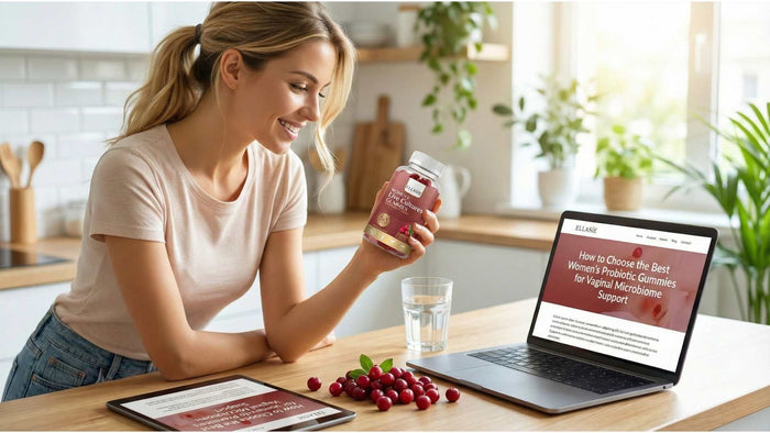A smiling woman in a bright kitchen holding a bottle of Ellasie Women's Live Cultures Gummies, sitting next to a laptop displaying a blog article