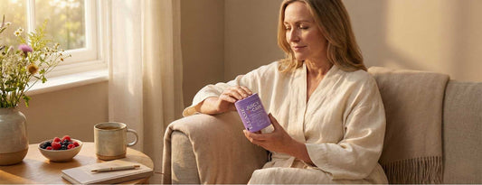 A relaxed mature woman sitting in a sunlit living room, smiling gently while holding and looking at a bottle of Ellasie Juicy V-Care Intimate Comfort supplements.