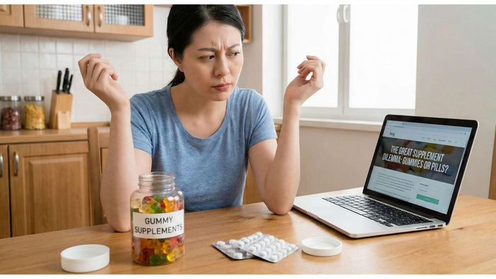 woman choosing between gummy vitamins and capsules
