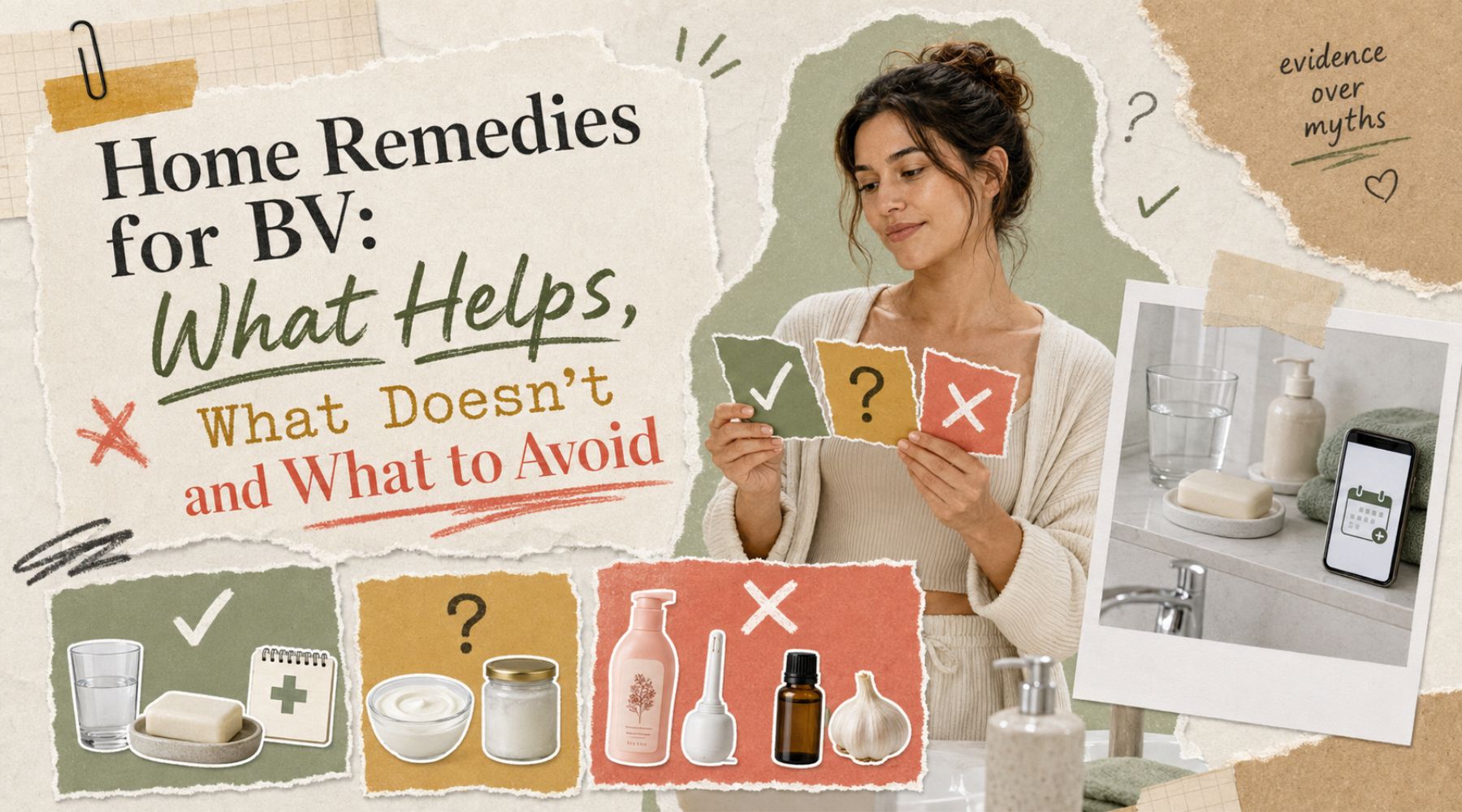 Woman comparing helpful, unproven and unsafe home remedies for bacterial vaginosis
