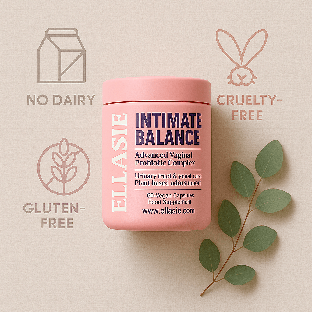Bottle of Ellasie intimate probiotic with a little plant