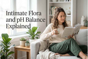 Intimate Flora and pH Balance Explained text with woman reading in garden patio.