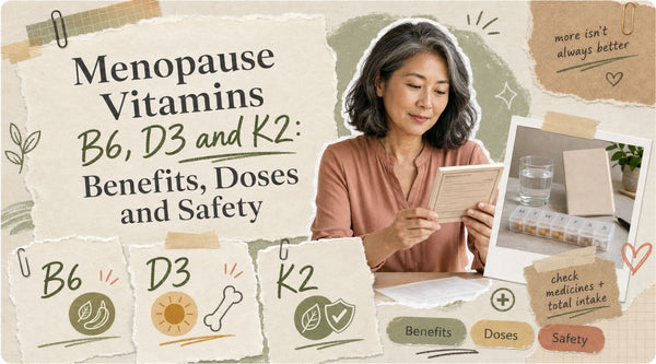 Mature woman reviewing menopause vitamins B6, D3 and K2 benefits, doses and safety