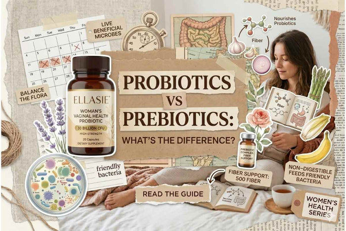 An informational collage comparing probiotics and prebiotics, featuring a supplement bottle, bacteria, a woman with vegetables, 