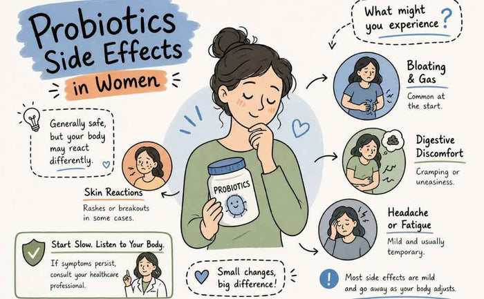 Woman checking probiotic ingredients and side-effect guidance