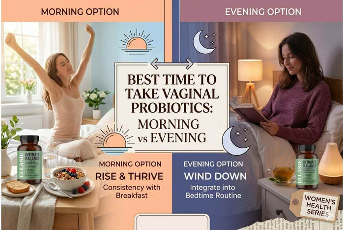 Infographic comparing morning and evening routines for taking Ellasie Intimate Balance vaginal probiotics.