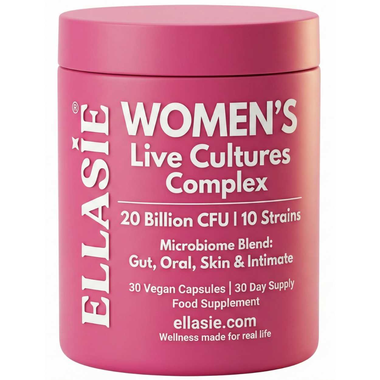Pink container of Ellasie Women's Live Cultures Complex on a white background