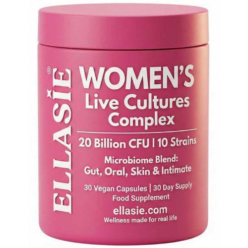 Pink container of Ellasie Women's Live Cultures Complex on a white background