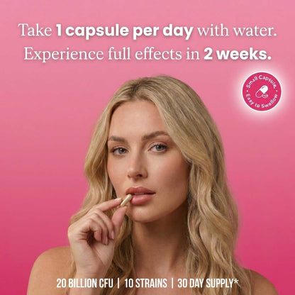 Advertisement for a supplement capsule with a woman holding a capsule against a pink background.