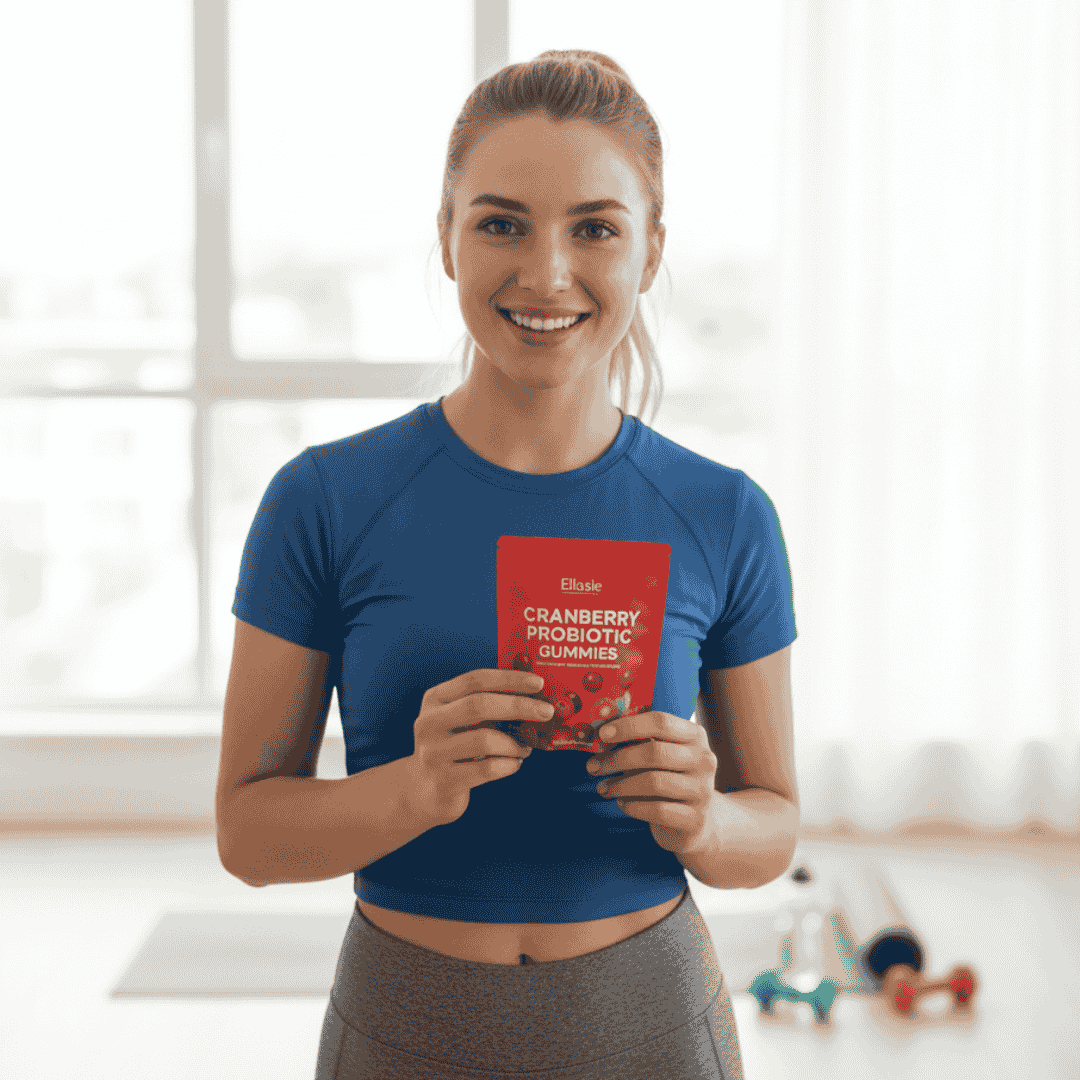 Woman holding Ellasie cranberry supplement package in a bright room