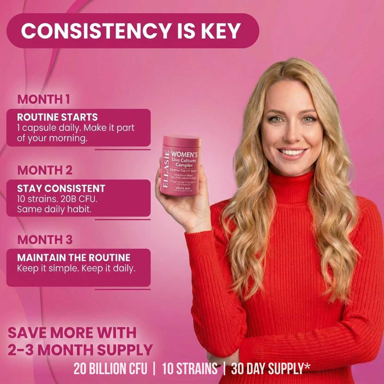 Woman holding a ellasie womens probiotic container with text about a daily routine on a pink background
