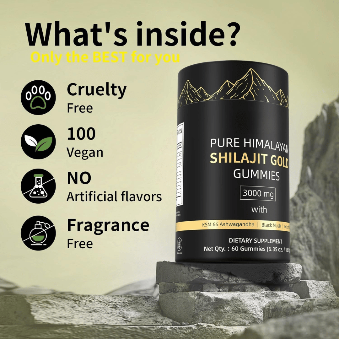 Close-up Ellasie Shilajit Gummies packaging on wooden table, highlighting the natural vitality support benefits of shilajit