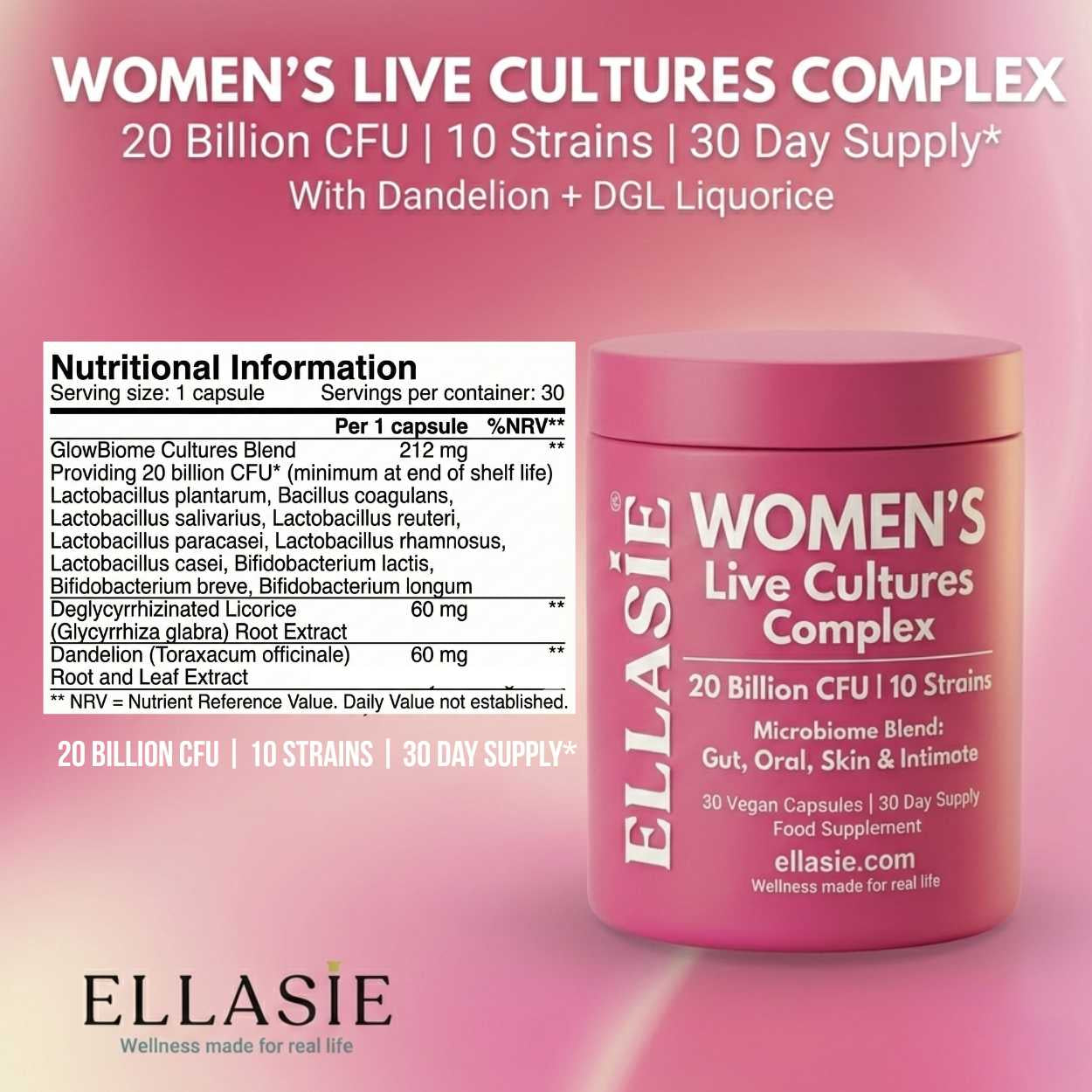 Pink container of Ellasie Women's Live Cultures Complex with nutritional information on a pink background