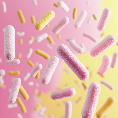 Colorful cylindrical candies on a pink and yellow background