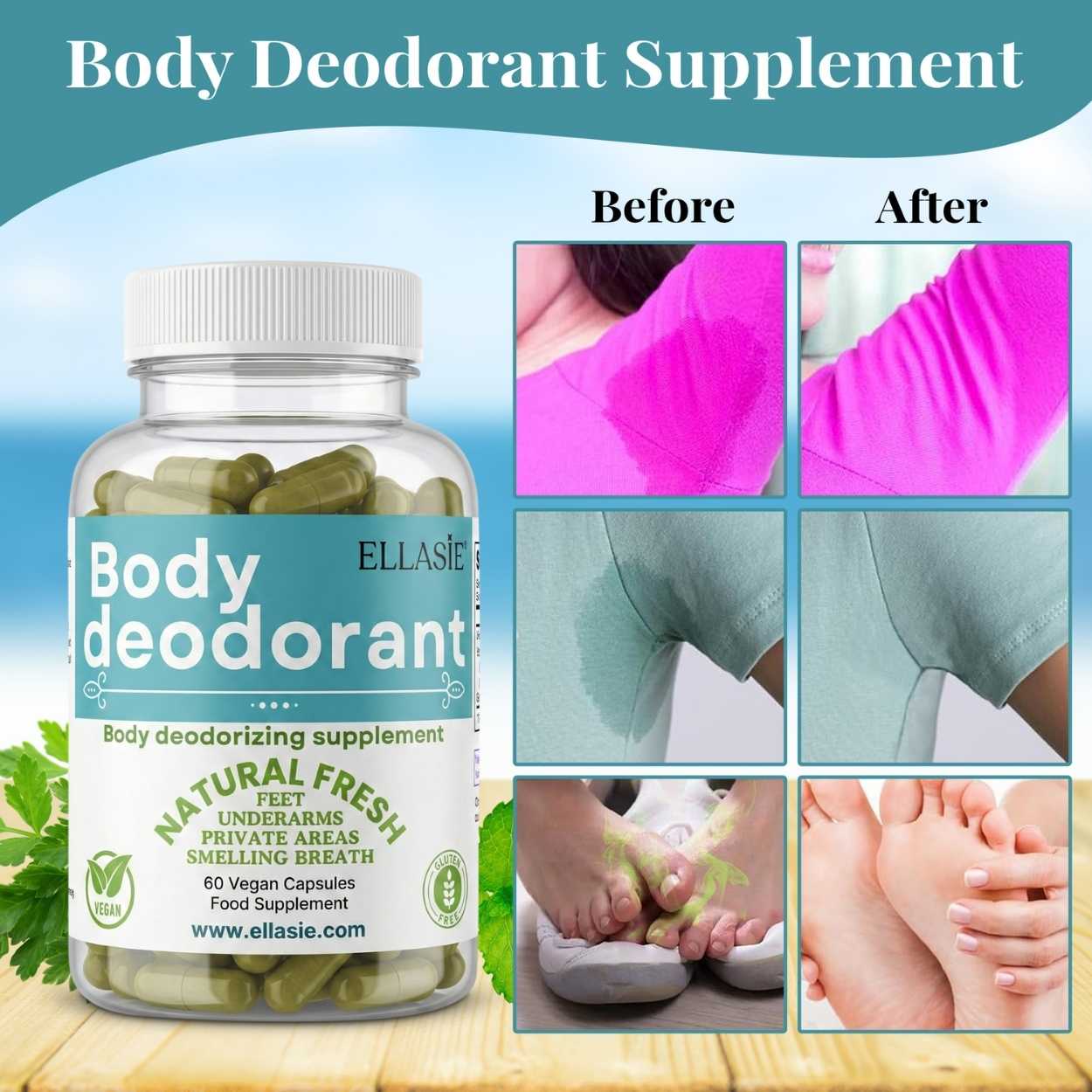 Body deodorant supplement bottle with 'Before' and 'After' images on a wooden surface.