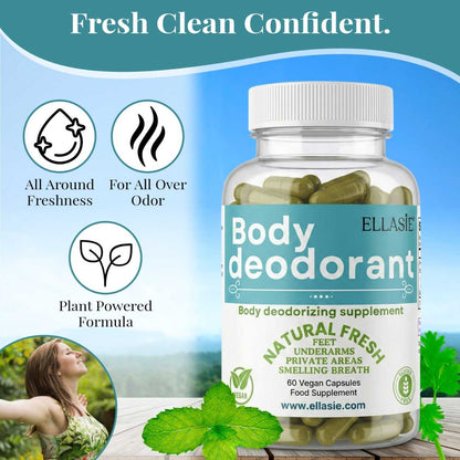 Bottle of Ellasie body deodorant supplement with product features and benefits on a blue background.