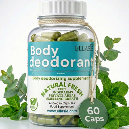 Bottle of Ellasie body deodorant supplement with green capsules on a white background