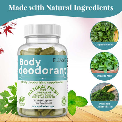 Bottle of Ellasie body deodorant supplement with natural ingredients on a wooden surface