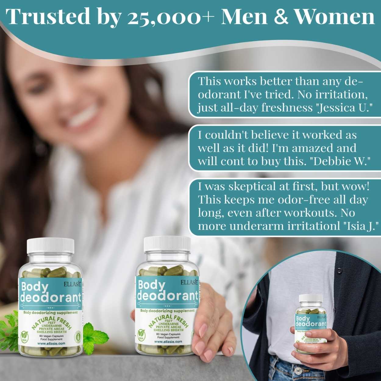 Body deodorant bottles with customer testimonials on a blurred background
