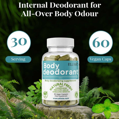 Bottle of Body deodorant supplement with greenery in the background
