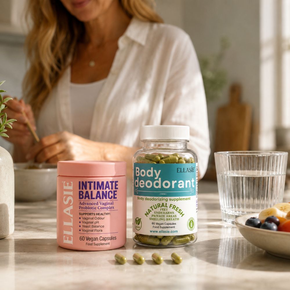 ellasie intimate balance and freshbody body deodorant bottles on the kitchen counter with a women in the back