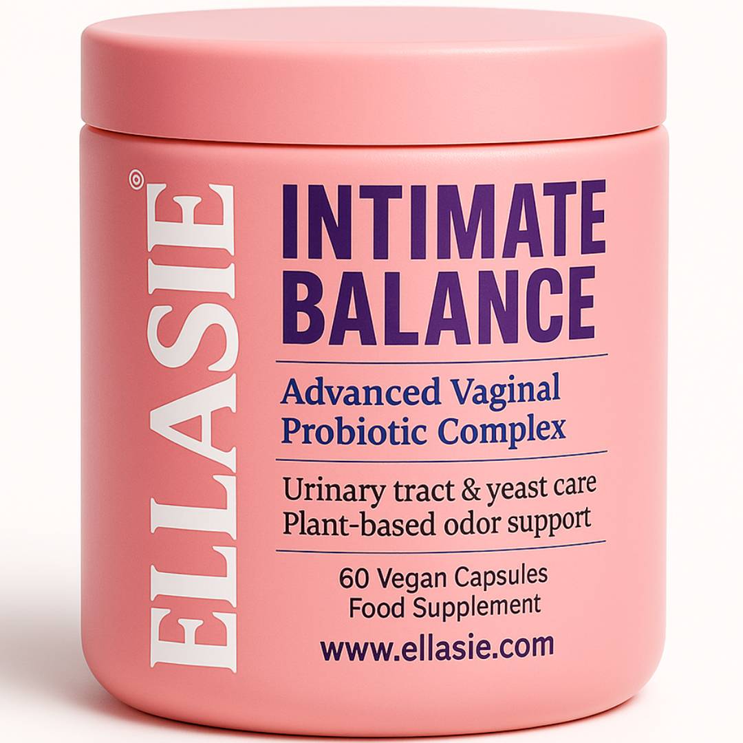 Pink container of Ellasie Intimate Balance Advanced Vaginal Probiotic Complex on a white background