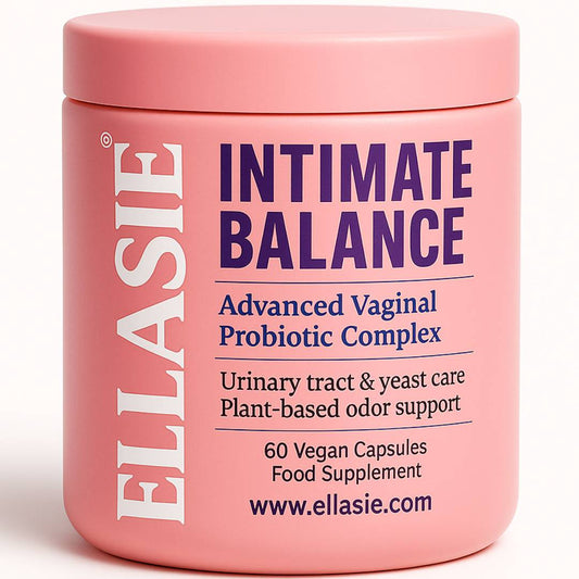 Pink container of Ellasie Intimate Balance Advanced Vaginal Probiotic Complex on a white background
